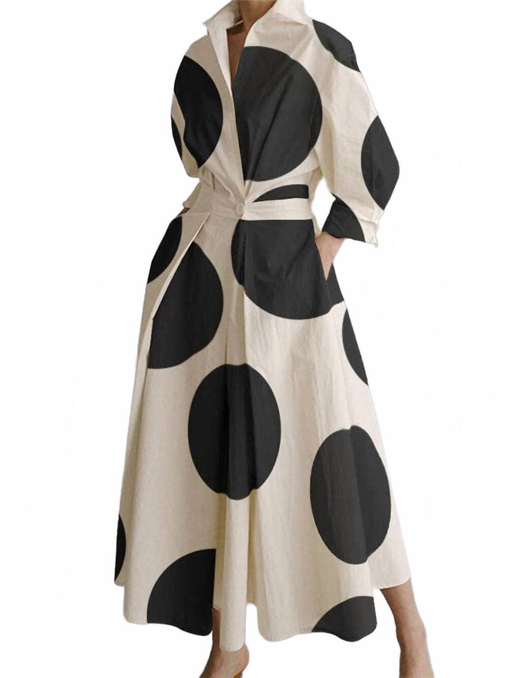 NEW VIVIDLUX polka-dot tied waist lapel shirt dress in beige
